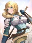  1girl absurdres armor blonde_hair blue_gloves blunt_bangs blush bob_cut breastplate cloud commentary_request dress feathers fire_emblem fire_emblem:_three_houses fire_emblem_warriors:_three_hopes fur_trim gloves gonzarez green_dress green_eyes hand_up highres ingrid_brandl_galatea long_sleeves official_alternate_costume official_alternate_hairstyle outdoors parted_lips short_hair shoulder_armor solo upper_body v-shaped_eyebrows 