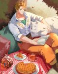  1boy absurdres animal book boucheron_(fire_emblem) brown_hair closed_mouth cup dog fire_emblem fire_emblem_engage food green_eyes highres holding holding_book jin_noumi male_focus pie shirt short_hair sitting tea teacup teapot white_shirt 