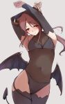  1girl absurdres armpits arms_up bare_shoulders black_leotard black_sleeves black_thighhighs blush bow breasts brown_eyes brown_hair cleavage clenched_hands closed_mouth collarbone cowboy_shot demon_girl demon_horns demon_tail demon_wings detached_sleeves dot_nose fake_horns fake_tail fake_wings grey_background hair_bow highres horns idolmaster idolmaster_cinderella_girls idolmaster_cinderella_girls_starlight_stage large_breasts leotard long_hair long_sleeves looking_at_viewer midriff mifune_miyu minori_(m-noir) navel ponytail see-through see-through_cleavage see-through_leotard sidelocks simple_background smile solo standing tail thighhighs wings 