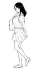  1girl alternate_costume bag breasts commentary_request contemporary from_side highres holding holding_bag large_breasts loafers looking_at_viewer miniskirt monochrome mugicha_(zoro1132) nico_robin one_piece pleated_skirt school_bag school_uniform shoes skirt solo sweater_vest 