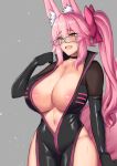  1girl animal_ear_fluff animal_ears areola_slip black_bodysuit blush bodysuit bow breasts center_opening choker cleavage fate/grand_order fate_(series) fox_ears fox_girl fox_tail glasses hair_between_eyes hair_bow hip_vent kisaragi_nana koyanskaya_(assassin)_(first_ascension)_(fate) koyanskaya_(fate) large_breasts long_hair navel open_mouth pink_bow pink_hair ponytail sidelocks smile solo sweat tail tamamo_(fate) yellow_eyes 