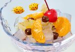  absurdres bowl cherry floating food food_focus fruit highres making-of_available no_humans orange_(fruit) orange_slice original surreal tainosuke transparent yellow_boxfish 