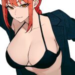  1girl black_bra bra breasts chainsaw_man closed_mouth collarbone hair_between_eyes jacket large_breasts long_hair looking_at_viewer makima_(chainsaw_man) no_shirt open_clothes open_jacket red_hair ringed_eyes sidelocks simple_background smile solo underwear upper_body white_background yellow_eyes zeon_(zzeeonn) 