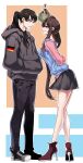  1boy 1girl absurdres arm_behind_back arm_up black_footwear black_pants black_skirt blue_hair blue_sweater blush brown_hair commander_(girls&#039;_frontline) dogs_(dlrkdejr26) female_commander_(girls&#039;_frontline) full_body german_flag girls&#039;_frontline grey_hoodie hands_in_pockets high_heels highres holding_mistletoe hood hood_down hoodie leaning_forward long_hair long_sleeves looking_at_another looking_to_the_side mistletoe multicolored_hair open_mouth original pants parted_lips pink_shirt pleated_skirt ponytail red_footwear red_hair red_ribbon ribbon shirt shoes side_ponytail skirt sleeveless sleeveless_sweater smile standing streaked_hair sweatdrop sweater very_long_hair 