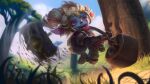  1girl armor artist_name black_gloves blurry blurry_background blurry_foreground boots buckler dgatrick full_body gloves grass highres holding holding_weapon jumping league_of_legends open_mouth outdoors pointy_ears poppy_(league_of_legends) purple_eyes scarf shield solo tree weapon white_hair yordle 