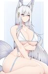  1girl absurdres animal_ear_fluff animal_ears arm_between_legs arm_under_breasts azur_lane bikini blush breasts cleavage dated_commentary fox_ears fox_girl fox_tail grey_eyes hair_between_eyes hair_ornament highres large_breasts long_hair looking_at_viewer samip shinano_(azur_lane) simple_background sitting solo swimsuit tail thighs very_long_hair white_bikini white_hair 