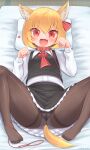  1girl :d absurdres animal_collar animal_ears black_skirt blonde_hair blush brown_pantyhose collar dog_ears dog_girl dog_tail fang hair_ribbon harunoha heart highres kemonomimi_mode leash long_sleeves looking_at_viewer lying m_legs necktie no_shoes on_back on_bed orange_eyes panties panties_under_pantyhose pantyhose paw_pose pillow red_necktie ribbon rumia shirt short_hair skin_fang skirt smile solo tail toes touhou underwear white_panties white_shirt 