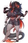  2022 4_arms amber_(nrg900) anthro areola arm_wraps artist_name big_breasts black_hair breasts clothing dragon feet female fingers genitals hair hi_res horn kanel legwear long_hair looking_at_viewer multi_arm multi_limb muscular muscular_anthro muscular_female nipples pussy solo tail toeless_legwear toes white_clothing white_legwear wraps 