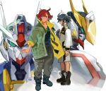  1boy 1girl absurdres ahoge asticassia_school_uniform baggy_pants black_footwear black_hair black_shirt blue_eyes boots brown_pants commentary cosplay costume_switch english_commentary full_body green_jacket gundam gundam_aerial gundam_barbatos gundam_suisei_no_majo gundam_tekketsu_no_orphans hair_between_eyes highres in-franchise_crossover jacket kohiu long_sleeves looking_at_viewer looking_down mikazuki_augus open_clothes open_jacket pants parted_lips profile red_hair school_uniform shirt short_hair shorts standing suletta_mercury thick_eyebrows white_jacket white_shorts wide_sleeves 