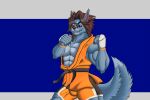  abs anthro black_sclera blue_body blue_dingolf blue_fur bottomwear brown_hair bulge canid canine canis claws clothing dingo etsuya_lynagh fighting_gloves fighting_pose fur gym_bottomwear gym_clothing gym_shorts hair hi_res karate_belt male mammal martial_arts_uniform muscular orange_clothing orange_eyes pose shorts showing_teeth solo sportswear spread_legs spreading tight_bottomwear tight_clothing tight_shorts wolf 