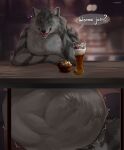  alcohol ambiguous_gender ambiguous_prey anthro artist_name beer belly beverage big_belly black_nose blue_eyes blurred_background canid dialogue duo english_text fangs food front_view fruit fur glistening glistening_eyes grey_body grey_fur hi_res huge_belly imprint looking_at_viewer male male_pred mammal nude nut_(fruit) open_mouth plant red_tongue roobin speech_bubble talking_to_viewer teeth text tongue vore 