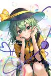  1girl black_headwear blush bubble buttons closed_mouth collared_shirt diamond_button feet_out_of_frame frilled_shirt_collar frilled_skirt frilled_sleeves frills fujiwara_aoi green_eyes green_hair green_skirt hair_between_eyes hat hat_ribbon heart heart_of_string highres komeiji_koishi long_sleeves ribbon shirt short_hair skirt smile solo third_eye touhou twitter_username wide_sleeves yellow_ribbon yellow_shirt 