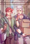  2608337875 2boys absurdres bag blue_eyes blue_jacket box cardboard_box cardigan casual earrings food green_jacket grey_hair highres hood hoodie ice_cream jacket jean_pierre_polnareff jewelry jojo_no_kimyou_na_bouken kakyoin_noriaki male_focus multiple_boys purple_eyes red_hair shopping_bag stardust_crusaders sweat sweatdrop 