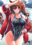  1girl animal_ears black_one-piece_swimsuit bow breasts brown_hair cleavage collarbone commentary_request covered_navel daiwa_scarlet_(umamusume) hair_bow hair_ornament highres horse_ears horse_girl jacket kawai_(purplrpouni) large_breasts long_sleeves looking_at_viewer one-piece_swimsuit open_clothes open_jacket outdoors parted_lips purple_eyes red_bow red_jacket smile solo swimsuit thighs tiara umamusume water whistle whistle_around_neck 