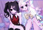  2girls :d absurdres ame-chan_(needy_girl_overdose) balloon black_eyes black_hair black_nails black_ribbon black_skirt blonde_hair blue_bow blue_eyes blue_hair blue_sailor_collar blue_serafuku blue_shirt blush bow bowtie chouzetsusaikawa_tenshi-chan closed_mouth collar collared_shirt commentary_request cursor curtains dual_persona hair_bow hair_ornament hair_over_one_eye hand_up heart heart_balloon heart_hair_ornament highres indoors kmnk_(kumanuko) knees_up long_hair long_sleeves looking_at_viewer multicolored_hair multicolored_nails multiple_girls nail_polish neck_ribbon needy_girl_overdose open_mouth pink_bow pink_hair purple_bow quad_tails red_nails red_shirt ribbon sailor_collar school_uniform serafuku shirt shirt_tucked_in sidelocks sitting skirt smile star_balloon suspender_skirt suspenders twintails very_long_hair white_collar white_sleeves x_hair_ornament yellow_bow yellow_bowtie 