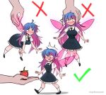  1girl :d black_footwear black_necktie blue_hair blush breasts checkmark dress fairy fairy_wings food fruit full_body how_to_hold_x_(meme) lifting_person long_hair medium_dress meme mini_person minigirl multiple_views necktie nose_blush nradiowave original pinafore_dress pointy_ears shirt short_sleeves simple_background size_difference sleeveless sleeveless_dress smile socks strawberry white_background white_shirt white_socks wing_hold wings x 