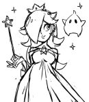  1girl brooch crown dress earrings facing_viewer hair_over_one_eye holding holding_wand jewelry kinuko_(kinucakes) long_hair looking_to_the_side luma_(mario) mario_(series) monochrome rosalina sketch smile star_(symbol) star_earrings super_mario_galaxy wand white_background 