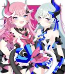  2girls :d absurdres bare_shoulders black_leotard blue_eyes blue_ribbon blush closed_mouth collarbone commentary_request drop_shadow fang flower gloves green_hair hair_between_eyes highres honkai_(series) honkai_impact_3rd leotard liliya_olenyeva long_hair looking_at_viewer marutaro multiple_girls pink_background pink_flower pink_hair pink_rose purple_eyes ribbon rose rozaliya_olenyeva short_eyebrows smile tail thick_eyebrows two-tone_background very_long_hair white_background white_gloves 