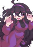  1girl @_@ ahoge black_hair breasts chichibu_(watson) commentary_request curly_hair dress hair_between_eyes hairband hands_up hex_maniac_(pokemon) long_hair nail_polish open_mouth pokemon pokemon_(game) pokemon_xy purple_dress purple_hairband purple_nails signature smile solo tongue 