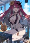  1girl absurdres bare_shoulders bikini black_bikini blue_sky blush breasts chair cleavage collarbone cup drinking_glass earrings fairy_knight_tristan_(fate) fate/grand_order fate_(series) flower grey_eyes hair_flower hair_ornament highres jewelry katsu_(katsupainter) large_breasts long_hair looking_at_viewer navel o-ring open_mouth pink_hair pointy_ears sandals sidelocks sky smile solo swimsuit table thigh_strap thighs tiara 