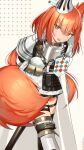  1girl absurdres animal_ears arknights armor arms_behind_back bright_pupils brown_eyes ear_covers earpiece feet_out_of_frame flametail_(arknights) gorget greaves highres long_hair looking_at_viewer open_mouth red_hair shirt signal_1120 simple_background single_ear_cover solo squirrel_ears squirrel_girl squirrel_tail tail teeth thighhighs upper_teeth_only white_background white_pupils white_shirt 