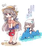  abyssal_ship blue_one-piece_swimsuit blue_shorts brown_headwear bucket commentary_request cosplay enemy_naval_mine_(kancolle) frilled_shirt frills full_body green_eyes grey_hair hat hirato_(kancolle) hirato_(kancolle)_(cosplay) inflatable_dolphin inflatable_toy kantai_collection long_hair low_twintails miko_(35nikomi) mikura_(kancolle) one-piece_swimsuit orange_shirt riding shirt shorts standing starfish sun_hat swim_cap swimsuit teeth tentacles translation_request twintails 