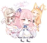  3girls animal_ear_fluff animal_ears black_footwear blonde_hair blue_archive blue_bow blush bow brown_eyes brown_hair capelet chibi closed_mouth commentary_request dress feathered_wings forehead frilled_dress frills hair_between_eyes hair_bow hair_bun halo kotatu_(akaki01aoki00) long_hair looking_at_viewer low_wings mika_(blue_archive) multiple_girls nagisa_(blue_archive) pantyhose pink_hair seia_(blue_archive) shoes simple_background single_side_bun smile very_long_hair white_background white_bow white_capelet white_dress white_pantyhose white_wings wings yellow_eyes 