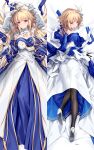  1girl archetype_earth arcueid_brunestud armpits arms_up back bare_shoulders black_gloves blonde_hair blue_skirt blush breasts cleavage dakimakura_(medium) detached_collar detached_sleeves dress fate/grand_order fate_(series) flower gloves hair_flower hair_ornament high_heels highres kousaki_rui large_breasts layered_skirt long_hair long_skirt looking_at_viewer looking_back lying on_back open_mouth pantyhose parted_lips red_eyes sash short_hair skirt tsukihime very_long_hair white_dress white_gloves 