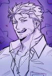 1boy bara beard collared_shirt come_hither dagon_(housamo) doku_(hitori_ox) facial_hair fish_boy heart highres large_pectorals long_sideburns looking_at_viewer male_focus mature_male muscular muscular_male partially_unbuttoned pectoral_cleavage pectorals purple_theme seductive_smile shirt short_hair sideburns smile solo stubble tentacles tokyo_afterschool_summoners upper_body 