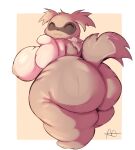  anthro big_breasts big_butt breasts brown_background brown_body butt chubby_female eyes_closed female generation_3_pokemon hi_res huge_breasts huge_butt lightmizano nintendo pokemon pokemon_(species) rear_view simple_background slightly_chubby smile solo tail zigzagoon 