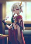  1girl black_gloves cosplay dango ena_(monster_hunter) food food_in_mouth food_on_face gloves gold_trim hair_ornament hand_to_own_mouth highres hinoa hinoa_(cosplay) japanese_clothes kimono looking_at_viewer monster_hunter_(series) monster_hunter_stories_2 pointy_ears red_eyes red_skirt rope_belt short_hair skirt table wagashi window yukki_0125 