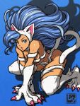  1girl all_fours animal_ears animal_hands big_hair blue_background blue_eyes blue_hair breasts cat_ears cat_girl cat_tail claws cleavage commentary_request drop_shadow felicia_(vampire) fingernails full_body kneeling long_hair looking_at_viewer medium_breasts parted_lips partial_commentary pink_nails seal_impression sharp_fingernails sharp_toenails simple_background solo tail tan tanabanata toenails vampire_(game) very_long_hair white_fur white_tail 
