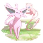  :d blue_eyes bright_pupils commentary_request espeon grass happy highres mew_(pokemon) monaka_(hc_pkmn) no_humans open_mouth pokemon pokemon_(creature) purple_eyes smile standing tongue white_pupils 