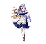  1girl absurdres apron breasts cake cake_slice commentary_request cup detached_collar dress fire_emblem fire_emblem:_genealogy_of_the_holy_war fire_emblem_heroes floating floating_object food frilled_dress frills fruit full_body highres holding holding_cup long_dress long_hair looking_at_viewer macaron maid maid_headdress medium_breasts official_art open_mouth pantyhose pastry ponytail puffy_short_sleeves puffy_sleeves purple_eyes purple_hair shoes short_sleeves sidelocks smile solo strawberry tailtiu_(fire_emblem) tailtiu_(tea_party)_(fire_emblem) teacup tiered_tray urata_asao white_background 