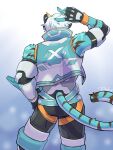  anthro aoi_tachi0 blue_body blue_fur butt clothing felid fingerless_gloves fur gesture gloves handwear hi_res lifewonders live_a_hero male mammal muscular muscular_anthro muscular_male pantherine rear_view rexer solo striped_body striped_fur stripes tiger topwear v_sign vest 