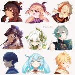  39_iduki 4girls 5boys :&lt; aether_(genshin_impact) alhaitham_(genshin_impact) animal_hat aqua_hair black_headwear black_ribbon blonde_hair blush braid brown_hair closed_eyes closed_mouth cyno_(genshin_impact) eyepatch faruzan_(genshin_impact) fischl_(genshin_impact) flower flower-shaped_pupils genshin_impact gradient_hair green_eyes green_hair grey_background grey_hair hair_between_eyes hair_ornament hair_over_one_eye hair_ribbon hat highres hu_tao_(genshin_impact) kaedehara_kazuha long_hair looking_at_viewer low_twintails multicolored_hair multiple_boys multiple_girls nahida_(genshin_impact) open_mouth ponytail red_eyes red_hair ribbon scaramouche_(genshin_impact) side_ponytail simple_background single_braid streaked_hair symbol-shaped_pupils twintails twitter_username two_side_up wanderer_(genshin_impact) white_hair x_hair_ornament 