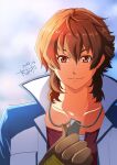  1boy akane_kazami ao_no_kiseki brown_eyes brown_hair coat dated dog_tags eiyuu_densetsu gloves highres holding_dog_tags lloyd_bannings mullet portrait signature smile solo zero_no_kiseki 