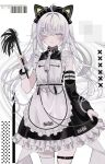  1girl alternate_costume apron black_dress black_nails blush chiemo_(xcem) dress enmaided fingernails frilled_apron frilled_dress frills grey_eyes grey_hair hair_between_eyes highres holding long_hair looking_at_viewer maid maid_apron maid_headdress nail_polish necktie one_eye_closed open_mouth original single_thighhigh smile solo thigh_strap thighhighs twintails white_apron white_necktie white_thighhighs 