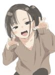  1girl :d absurdres black_eyes black_hair blush brown_sweater collarbone commentary_request highres long_sleeves looking_at_viewer open_mouth original short_hair side_ponytail simple_background smile solo sweater white_background yamamoto_souichirou 