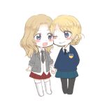  2girls ;) blonde_hair blue_eyes blue_skirt blue_sweater braid cheek-to-cheek chibi collared_shirt darjeeling_(girls_und_panzer) dress_shirt emblem girls_und_panzer grey_jacket heads_together highres holding_hands jacket kay_(girls_und_panzer) long_hair long_sleeves mochi_(non165) multiple_girls necktie one_eye_closed open_mouth pantyhose pleated_skirt red_skirt saunders_school_uniform school_uniform shirt short_hair skirt smile st._gloriana&#039;s_school_uniform sweater thighhighs uniform v-neck white_shirt yuri 