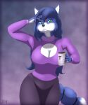  2023 5_fingers anthro beverage black_nose blue_body blue_fur blue_hair breasts canid canine cleavage cleavage_cutout clothed clothing container cup digit_ring female finger_ring fingers fox fur hair hi_res humanoid_hands jewelry krystal mammal mature_anthro mature_female multicolored_body multicolored_fur nintendo ring scythemouse smile solo star_fox sweater topwear two_tone_body two_tone_fur wedding_ring white_body white_fur 