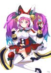  1girl :&lt; basukechi belt blue_hair capelet cleo_(dragalia_lost) dagger dragalia_lost fur_trim hat hat_bell highres holding holding_dagger holding_knife holding_weapon knife long_hair long_sleeves looking_at_viewer multicolored_hair navel official_alternate_costume pink_eyes pink_hair red_headwear santa_hat skirt solo thighhighs twintails two-tone_hair weapon white_background white_skirt white_thighhighs 