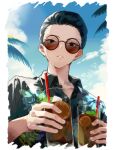  1boy bishounen black_eyes black_hair blue_sky character_request cloud cup drinking_straw glasses hawaiian_shirt highres holding holding_cup limbus_company male_focus outdoors project_moon shirt short_hair sky solo sunglasses tinted_eyewear y0ru73 