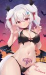  1girl :q artist_name bare_arms bare_shoulders bat_(animal) bat_wings bikini black_bikini black_collar blush body_writing breasts claw_pose collar commentary commission cowboy_shot hair_between_eyes hair_ornament halloween happy_halloween heart heart_o-ring heart_tattoo highres large_breasts looking_at_viewer low_wings medium_hair nail_polish navel o-ring o-ring_top orange_sky original pink_nails pubic_tattoo red_eyes sese_nagi signature skeb_commission sky solo star_(sky) star_(symbol) star_hair_ornament stomach swimsuit symbol-only_commentary tattoo thank_you thighs tongue tongue_out twilight twintails v-shaped_eyebrows variant_set white_hair wings 