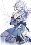 absurdres asymmetrical_hair back_bow bandaged_arm bandaged_leg bandages black_gloves bow braid breasts cleavage floral_background flower full_body gloves grey_hair hair_flower hair_ornament hair_rings half-closed_eyes hand_on_own_arm high_heels highres hora_k kaine_(nier) kneeling large_breasts lily_(flower) lingerie negligee nier_(series) swept_bangs underwear yellow_eyes 