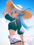  1girl 95--- alternate_costume blue_eyes blue_hair blue_sleeves bracelet cloud crop_top detached_sleeves drop-shaped_pupils english_commentary floating_hair furina_(genshin_impact) genshin_impact hand_on_headwear hat heterochromia highres jewelry light_blue_hair long_hair looking_at_viewer looking_to_the_side midriff mismatched_pupils multicolored_hair navel outdoors parted_lips ponytail sarong short_shorts shorts sky solo straw_hat sun_hat white_hair white_sarong white_shorts 