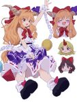  3girls absurdres black_footwear blonde_hair blue_ribbon blue_skirt blush_stickers bow brown_eyes brown_hair chain fang hair_bow hair_tubes hakurei_reimu highres horn_ornament horn_ribbon horns hoshiguma_yuugi ibuki_suika long_hair mugi_(mugimugi_9kv) multiple_girls multiple_views oni_horns open_mouth orange_eyes orange_hair print_skirt red_bow red_eyes red_horns ribbon shirt shoes sidelocks simple_background single_horn skirt smile socks torn_clothes torn_sleeves touhou white_background white_shirt white_socks wrist_cuffs 