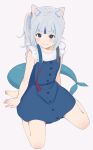  1girl animal_ear_fluff animal_ears barefoot blue_eyes blue_hair blue_skirt blunt_bangs blush buttons cat_ears closed_mouth cube_hair_ornament feet fins fish_tail frilled_sleeves frills gawr_gura gawr_gura_(2nd_costume) grey_hair hair_ornament highres hololive hololive_english looking_at_viewer multicolored_hair nzmtarou official_alternate_costume shark_girl shark_tail shirt short_sleeves side_ponytail sidelocks simple_background sitting skirt skirt_set smile solo streaked_hair suspenders tail virtual_youtuber wariza white_background white_shirt 
