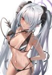  1girl bare_shoulders bikini black_bikini black_choker black_gloves black_ribbon blue_archive breasts breasts_apart choker collarbone commentary covered_nipples demon_tail gloves grey_hair hair_over_one_eye half_gloves halo hand_on_own_hip highres iori_(blue_archive) iori_(swimsuit)_(blue_archive) leaning_forward long_hair navel pointy_ears red_eyes ribbon satoupote side-tie_bikini_bottom signature small_breasts solo swimsuit tail tail_raised thighs twintails underboob very_long_hair wet wet_hair white_background 