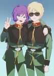  2boys :d arm_around_shoulder arm_around_waist belt blonde_hair blue_background blue_eyes blush brown_eyes char_aznable closed_mouth garma_zabi gloves gundam hand_on_another&#039;s_shoulder highres light_blush long_sleeves looking_at_viewer male_focus military_uniform mobile_suit_gundam multiple_boys open_mouth purple_hair short_hair side-by-side simple_background smile sunglasses tira_zhang uniform v zeon 
